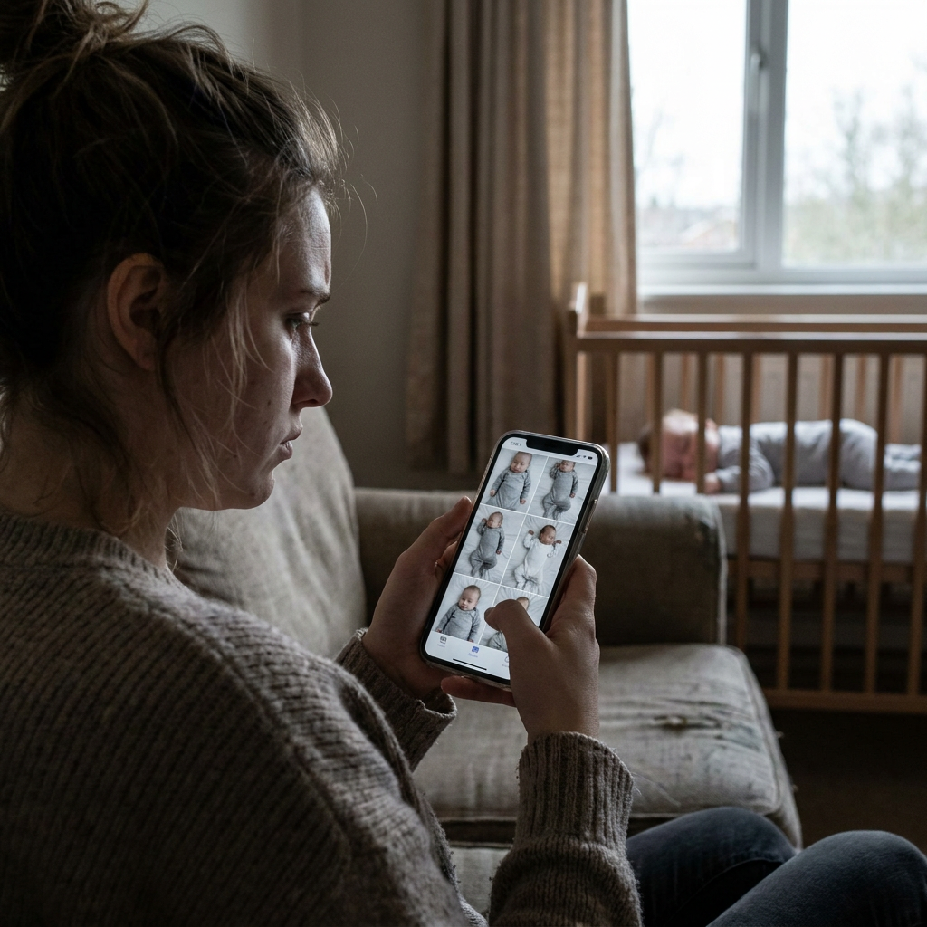 Mother looking at plain baby photos on her phone