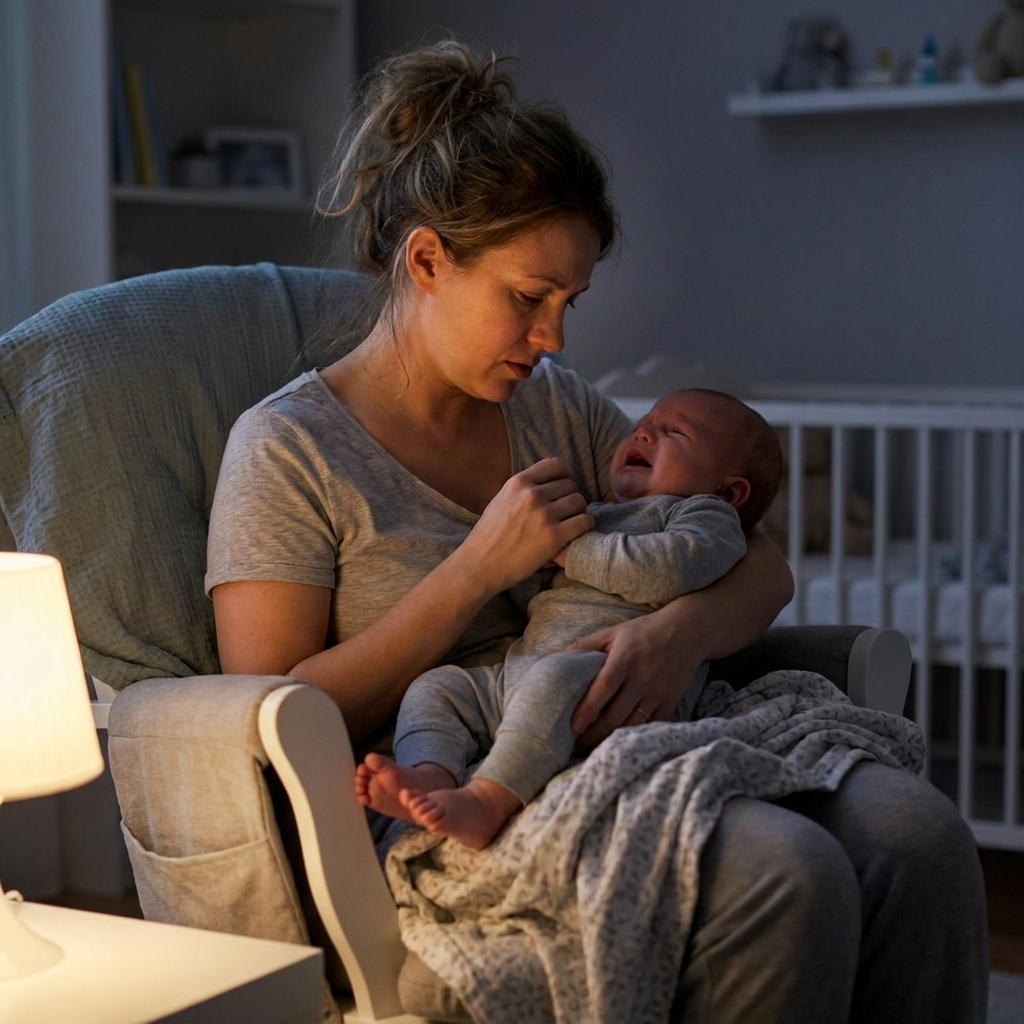 Tired mother holding a fussy baby at night