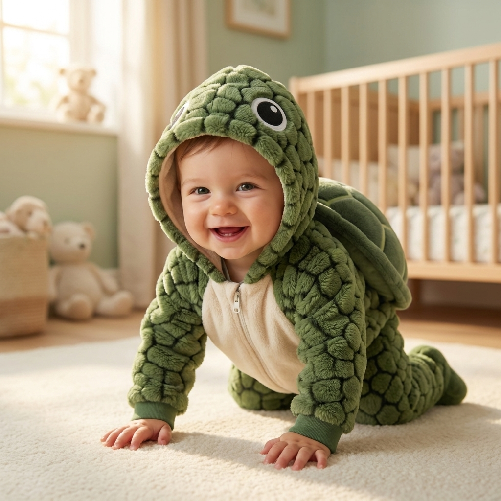 Happy baby crawling in the WildHugs turtle onesie