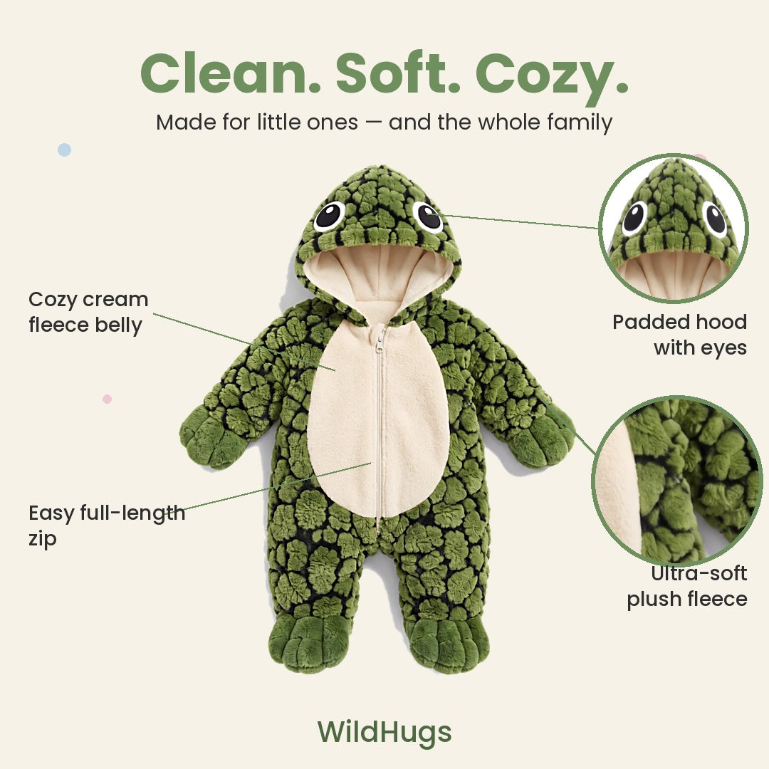 Features: plush fleece, hood with eyes, zip